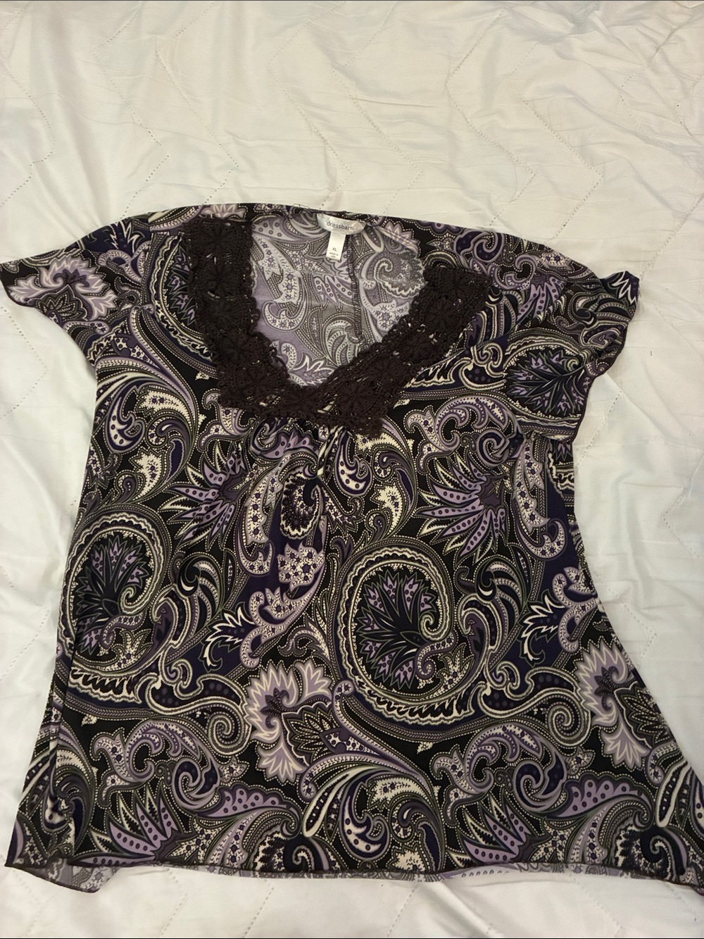 Women's Dress Barn Purple Paisley Crochet-Neck Top